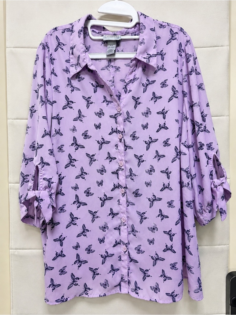 Catherines Lavender Butterfly Print Semi Sheer Blouse Plus Size 1XWP 18/20W